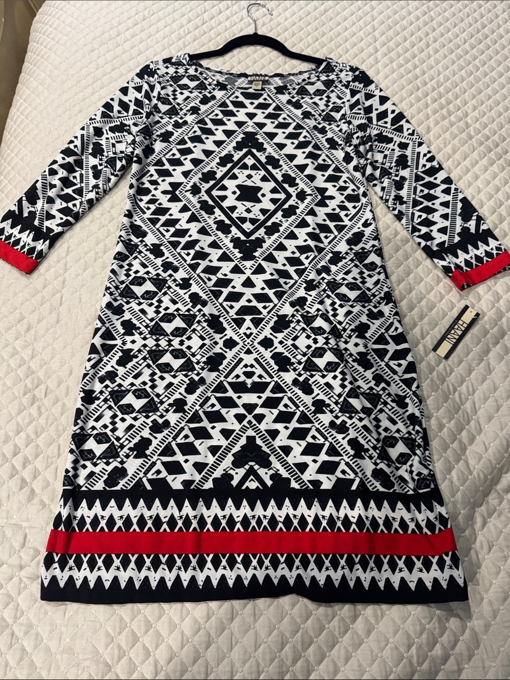 Haani Black & White Geometric Midi Dress with Red Trim
